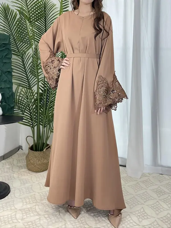 Arabic Clothing-Contrast Lace Long Bell Sleeve Loose Maxi Arabian Dress with Belt, Summer Outfits 2024, Elegant Kaftan Muslim...