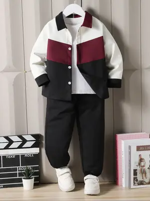 Autumn Winter New Boys' Set, Colorblock Shirt & Elastic Waist Pants, Trendy Utility Style, Warm & Stylish