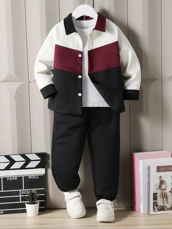 Autumn Winter New Boys' Set, Colorblock Shirt & Elastic Waist Pants, Trendy Utility Style, Warm & Stylish