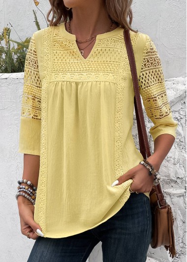 Modlily Light Yellow Patchwork 3/4 Sleeve Split Neck Blouse - M