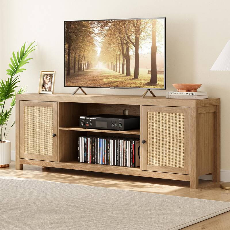 Garvee Rattan TV Stand for 65 Inch, Boho Entertainment Center with Storage and Doors, Wood TV & Media Console Under TV Cabine...
