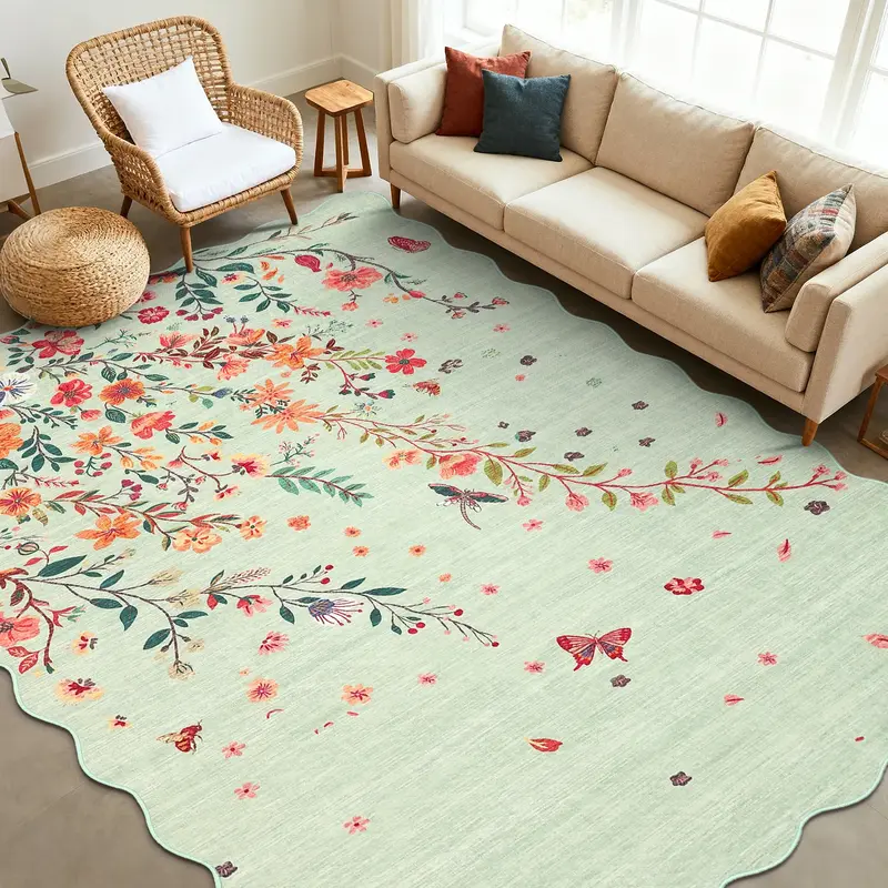 Garvee Floral Washable Scalloped Rugs for Living Room 5x7 Green Area Rugs with Non Slip Backing