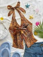 Women's Paisley Print Tie Back Tank Top, Boho Bohemian Sleeveless Top for Summer Beach Holiday Vacation, Ladies Clothes, Wome...