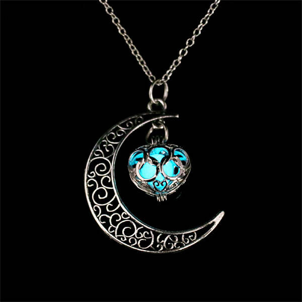 Alloy & Luminous Stone Hollow Moon Heart Pendant Necklaces