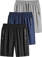 Men's 3pcs Plain Convenient Zipper Pocket Drawstring Shorts, Casual Elastic Waist Bottoms for Summer, Athleisure Breathable M...