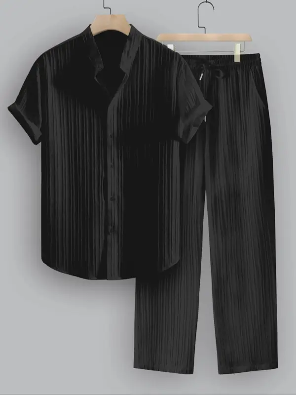 Men's Plus Size Regular Fit Textured Button Front Shirt & Drawstring Waist Pants Two-Piece Set, Casual Short Sleeve Top & Poc...