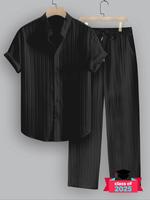 【Plus Size】Men's Textured Button Shortsleeve Shirt & Drawstring Waist Pants Sets, Comfy Clothes for Men, Casual Short Sle...