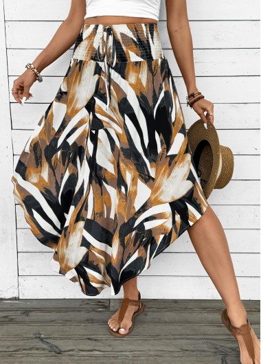 Modlily Dark Camel Bohemian Print A Line Elastic Waist Skirt - L
