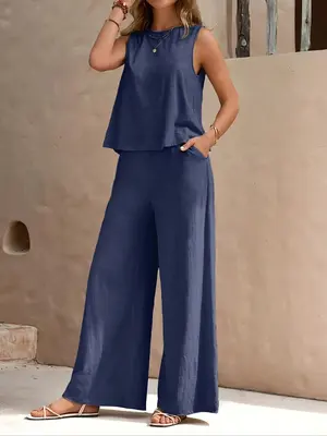 Women's Solid Sleeveless Tank Top & Wide Leg Pants Two-piece Set, Casual Basic Round Neck Top & Pocket Trousers for Summer, B...