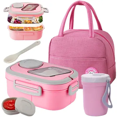 2 Layer Lunch Box Set, 1 Set Including 1 Count Lunch Case, Spoon, Soup Cup & Insulated Bag, Portable Bento Box for School Off...