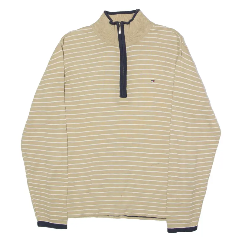 TOMMY HILFIGER Mens Patterned Jumper Beige Striped 1/4 Zip Tight Knit L