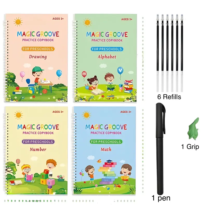 Grooved Handwriting Learning Tool Workbooks for Kids, 4 Pcs Reusable Magic Practice Copybooks with 1 Pen, 6 Refills & 1 Rando...