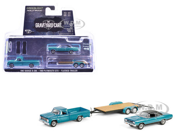 1969 Plymouth GTX Turquoise Metallic and 1967 Dodge D-200 Pickup Truck Turquoise Metallic with Flatbed Trailer \