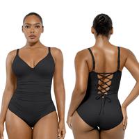 Shapellx Women's Back Drawstring One-piece Swimsuit V-neck Elastic Triangle-Cut Bottom Customizable Shoulder Band Removable C...