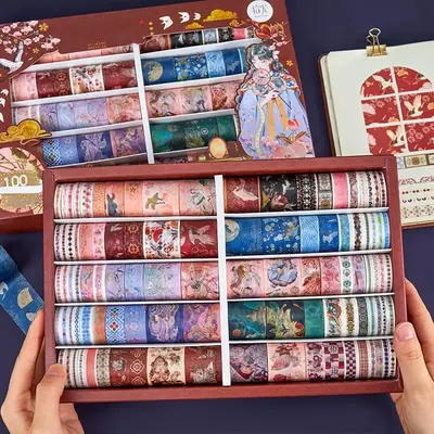 100pcs Retro Cartoon Pattern Washi Tape Set, Handbook Material Decorative Collage Background Paper, DIY Decorative Supplies F...