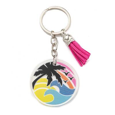 Acrylic Flat Round with Suede Tassel Pendant Keychain