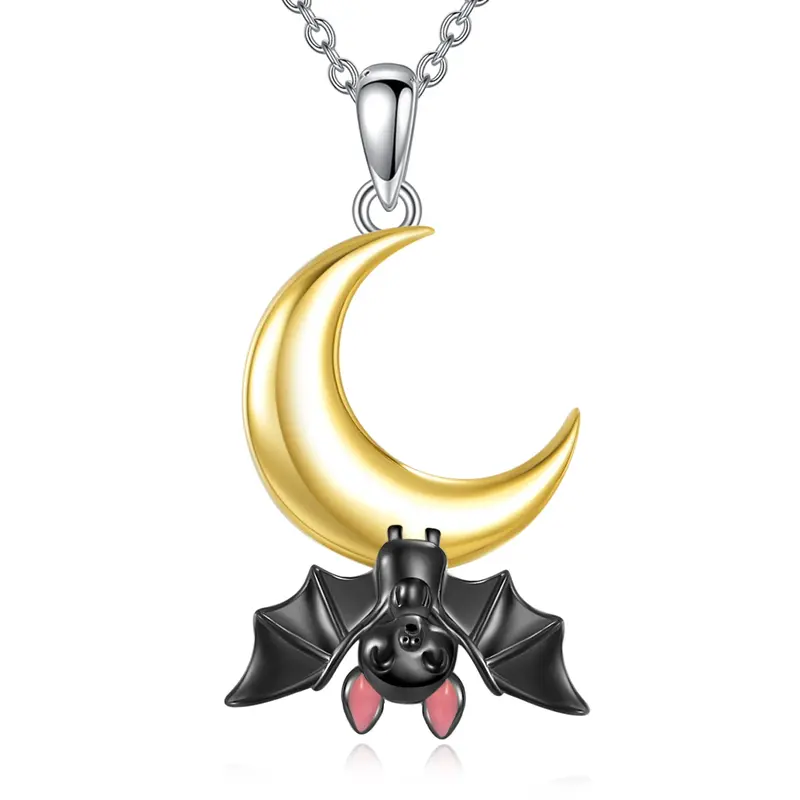 Sterling Silver Two-tone Bat & Moon Pendant Necklace