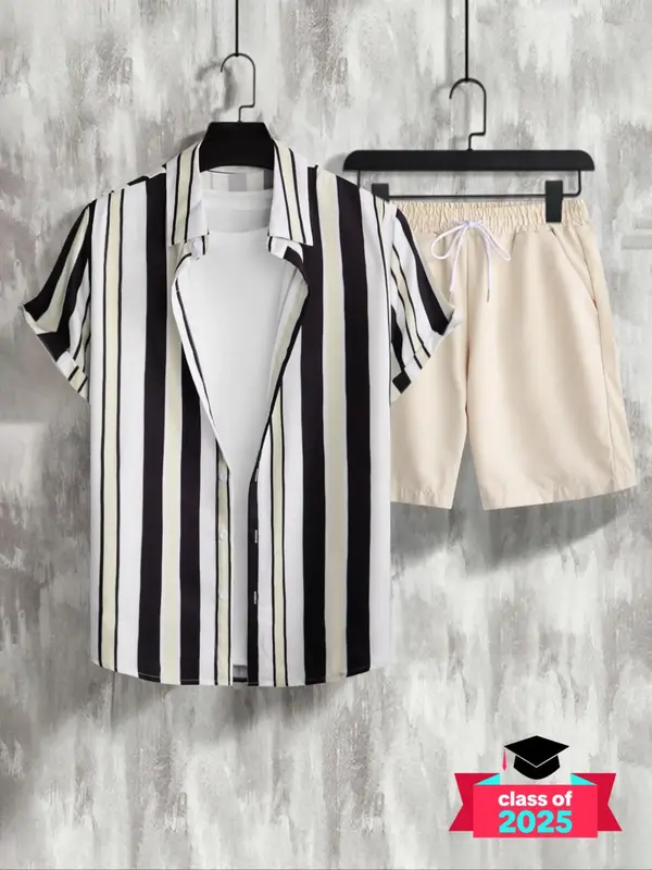 Two-Piece Set Men's Regular Fit Striped Print Shirt & Drawstring Pocket Shorts Set, Button Down Collared Shirt & Elastic Wai...