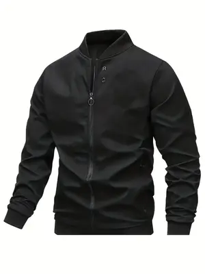 Men's Plain Letter Patched Mock Neck Jacket, Casual Longsleeves Bomber Jackets, Men's Men Designer Clothes Outerwear, Western...