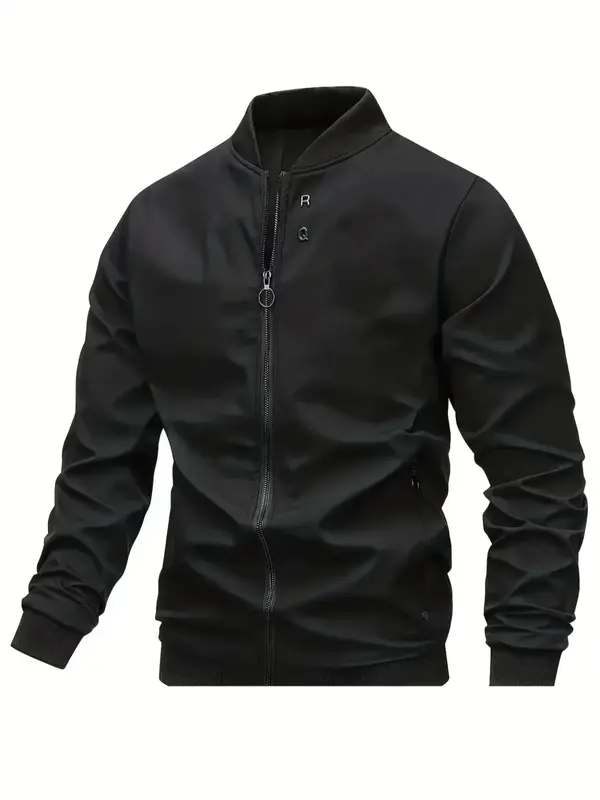 Men's Plain Letter Patched Mock Neck Jacket, Casual Longsleeves Bomber Jackets, Men's Men Designer Clothes Outerwear, Western...