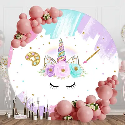 Colorful Unicorn Floral Round Baby Shower Backdrop