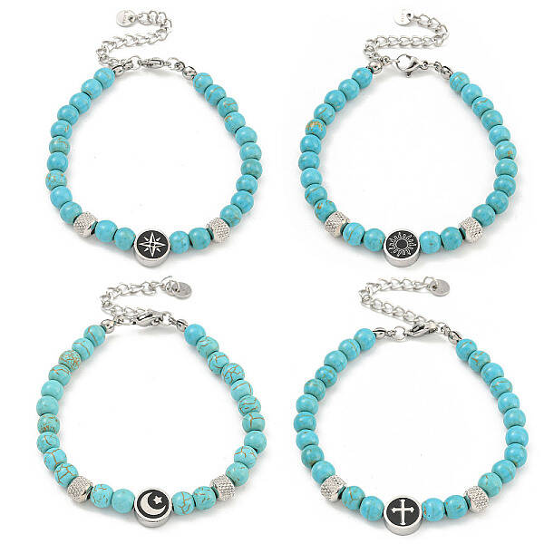304 Stainless Steel & Synthetic Turquoise Round Beaded Bracelets for Women