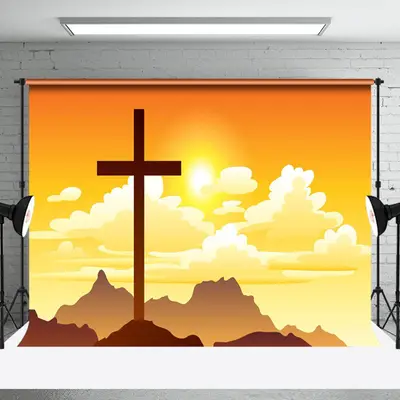 Aperturee Sunset Sky Clouds Mountain Cross Easter Backdrop, 3X2FT(1MX0.6M), 14 USD, easter backdrops, NYHD6I33-M