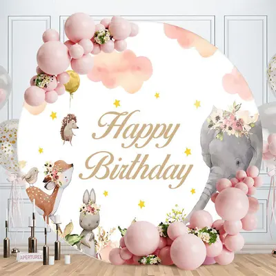 Aperturee Pink Floral Safari Cloud Circle Happy Birthday Backdrop