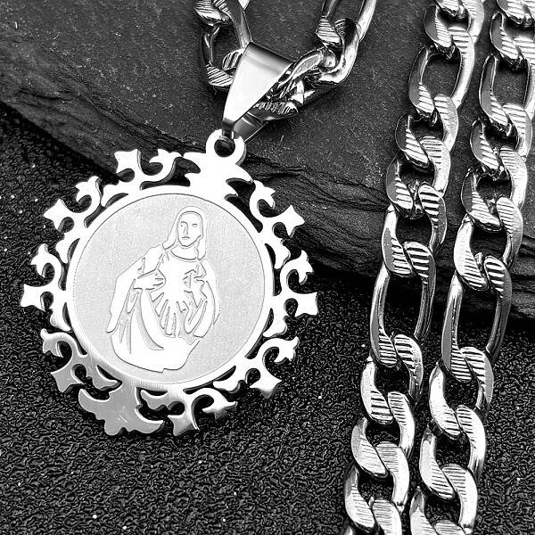Flat Round with Virgin Pattern 304 Stainless Steel Pendant Necklaces for Men Women