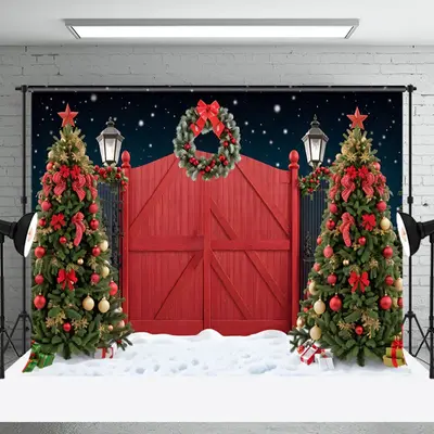 Aperturee Snowy Night Red Door Wreath Tree Christmas Backdrop - Aperturee