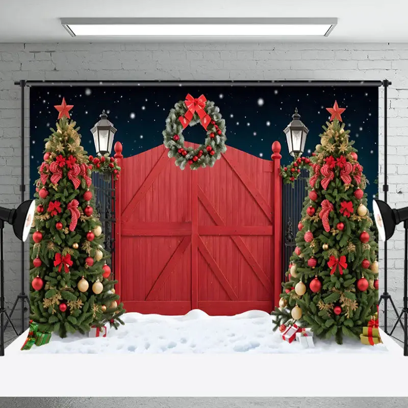 Aperturee Snowy Night Red Door Wreath Tree Christmas Backdrop - Aperturee