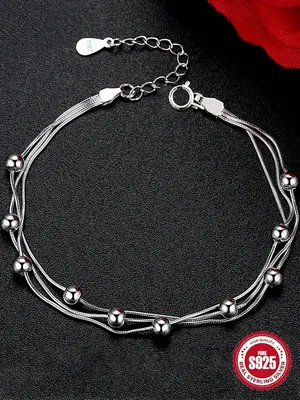 925 Sterling Silver Minimalist Bead Decor Adjustable Bracelet, Stylish Multi-layered Bracelet, New Fashion Hand Jewelry for W...