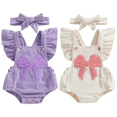 Newborn Baby Girl Summer Bow Overalls Romper Cute Bow Embroidery Ruffle Sleeve Backless Jumpsuit Boho Bodysuit with Headband ...