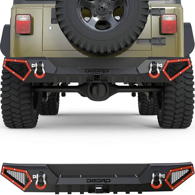 OEDRO Rear Bumper for 1987-2006 Jeep Wrangler TJ & YJ,  with Hitch Receiver & 2 x D-Rings, Textured Black