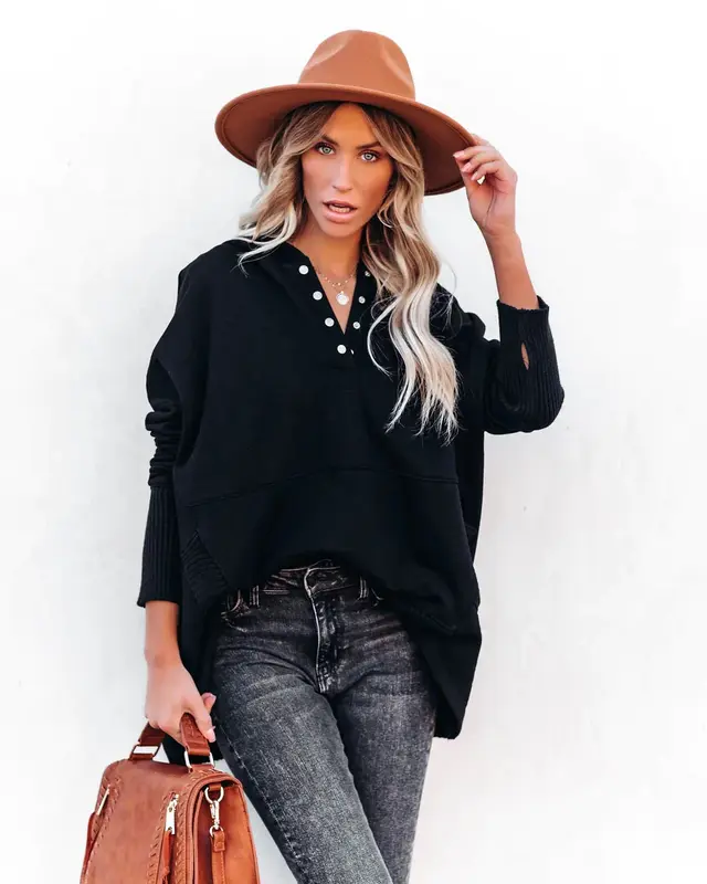 Women's Casual Oversized Sweatshirts Hoodies Button V Neck Long Sleeve Cotton Henley Pullover Hooded Tops 2025 Womenswear Win...