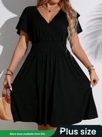 【Plus Size】Solid Color V Neck Shortsleeve Dress, Fashion Casual Dress for Wedding Guest, Women's Hides Tummy Clothing for...