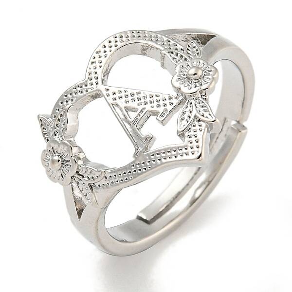 Heart with Letter & Flower Rack Plating Brass Adjustable Rings for Women