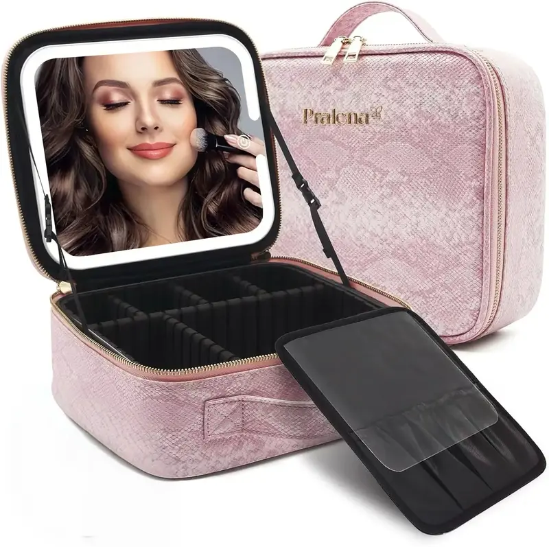 Pralena Travel Makeup Bag with LED Mirror & Brush Holder - Portable Cosmetic Train Case with Adjustable Dividers  Pink Snake ...