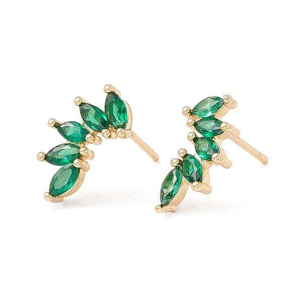 Green Clear Cubic Zirconia Leaf Stud Earrings