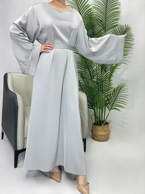 Women's Solid Belted Satin Modesty Abaya, Modest Long Sleeve Round Neck Maxi Muslim Dress for Women, Women's Islamic Clothing...