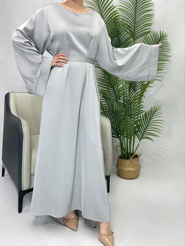 Women's Solid Belted Satin Modesty Abaya, Modest Long Sleeve Round Neck Maxi Muslim Dress for Women, Women's Islamic Clothing...
