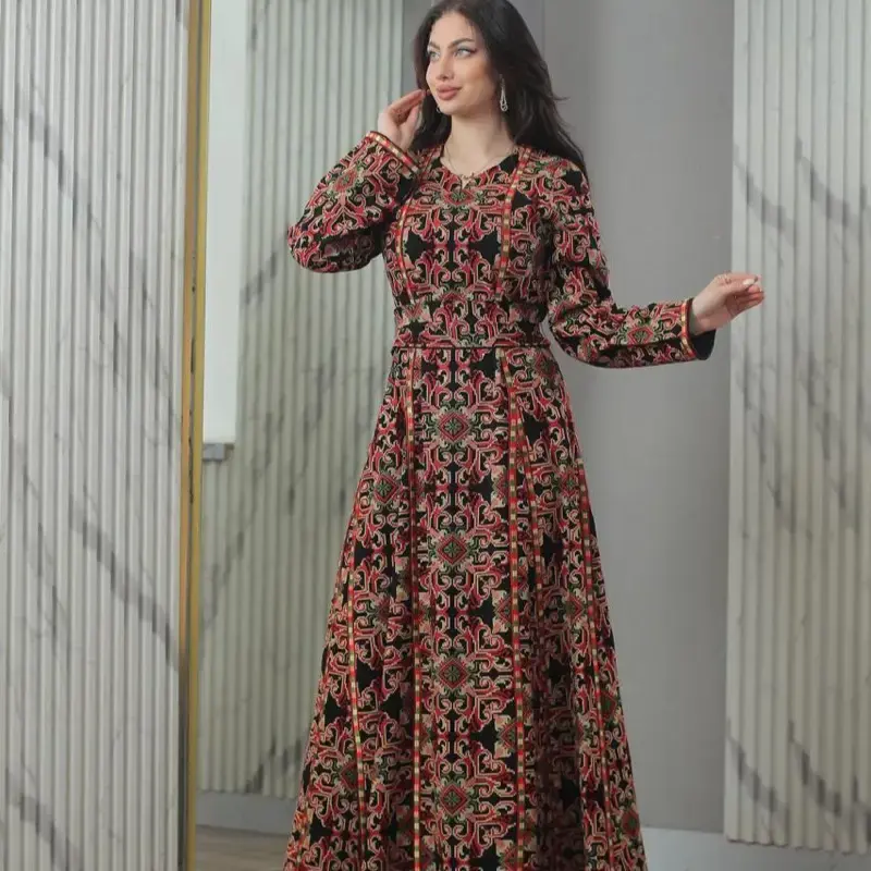 Women Palestinian Embroidered Thobe Full TATREEZ Traditional Long Sleeves Womenswear Dress Casual
