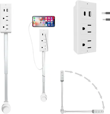 Power Socket Expander, Access Hard-to-Reach Outlets! Features USB-A, USB-C, and 2 AC Outlets, Extends 22-34, Rotates 180Â...