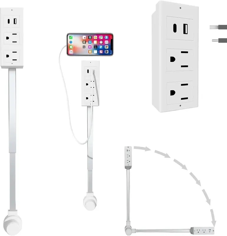Power Socket Expander, Access Hard-to-Reach Outlets! Features USB-A, USB-C, and 2 AC Outlets, Extends 22-34, Rotates 180�...