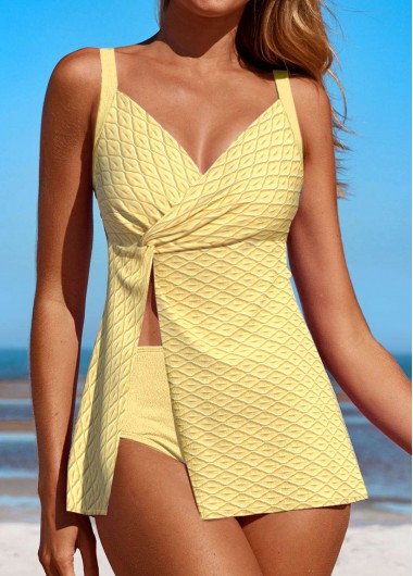 Modlily Jacquard Twist Light Yellow Swimdress and Panty - L