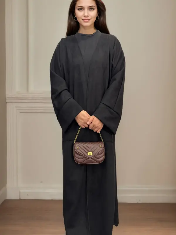 Women's Solid Color Suede Open Abaya, Loose Casual Comfy Thermal Warm Pocket Long Sleeve Outerwear for Fall & Winter, Women's...