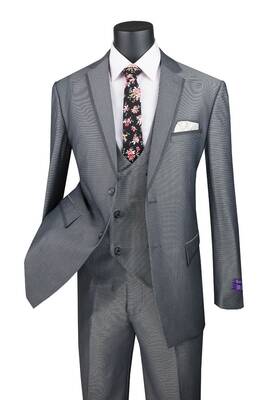 Vinci Men's 3 Piece Modern Fit Suit Tone-on Tone Accents