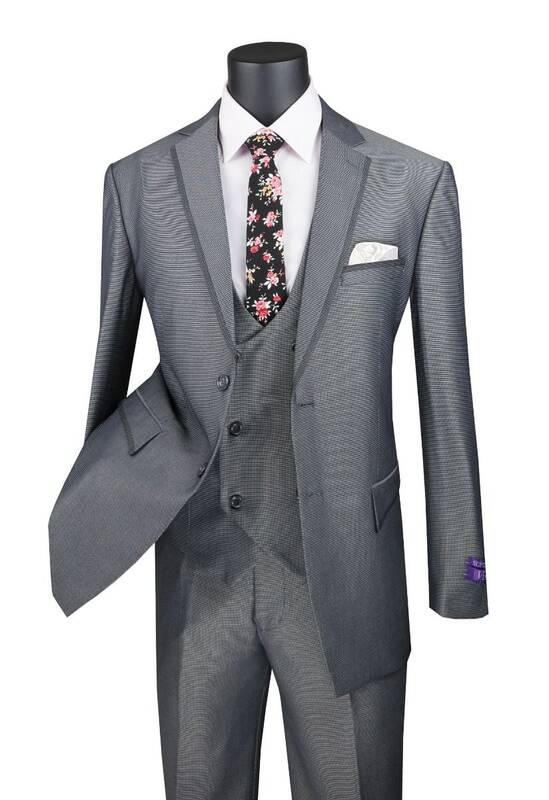 Vinci Men's 3 Piece Modern Fit Suit Tone-on Tone Accents
