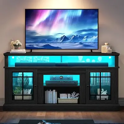 DWVO Black TV Stand for 75 Inch TV with LED Lights, 32'' Tall Modern TV Stands w/Adjustable Shelves&Glass Doors, Mid Century ...