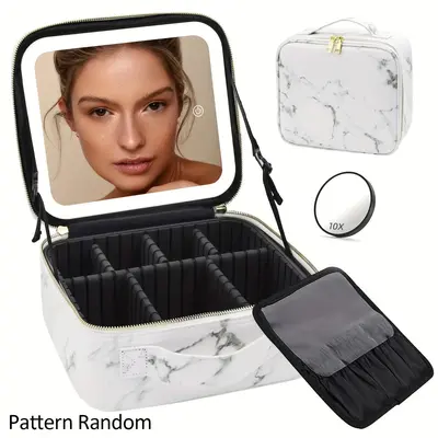 Travel Makeup Bag , Cosmetic Train Case with LED Light Up Mirror, Portable Makeup Artist Organizer Bag, Makeup Case with 3 Co...